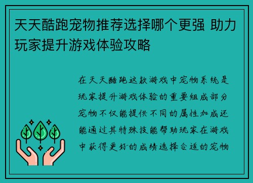 天天酷跑宠物推荐选择哪个更强 助力玩家提升游戏体验攻略